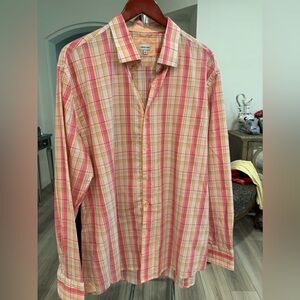 Mens XL plaid button up shirt-pale pink & peach w tan -excellent condition